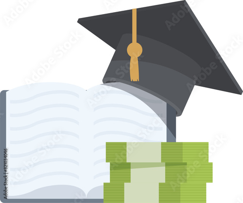 Illustration of educational investment symbolized by a mortarboard on a book with cash