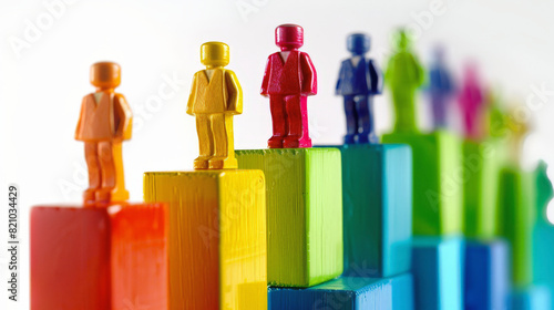 Colorful plastic figures standing on matching colored blocks arranged in an increasing graph-like pattern, symbolizing growth, diversity, or progress.
