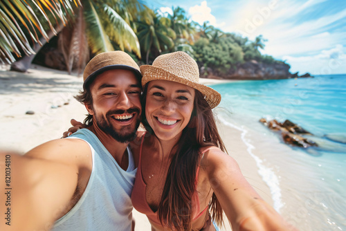 Wallpaper Mural Beautiful couple in hats taking selfie photo on tropical beach Torontodigital.ca