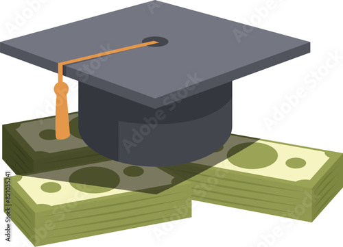A graphic of a graduation cap on piles of money, symbolizing the cost and value of education