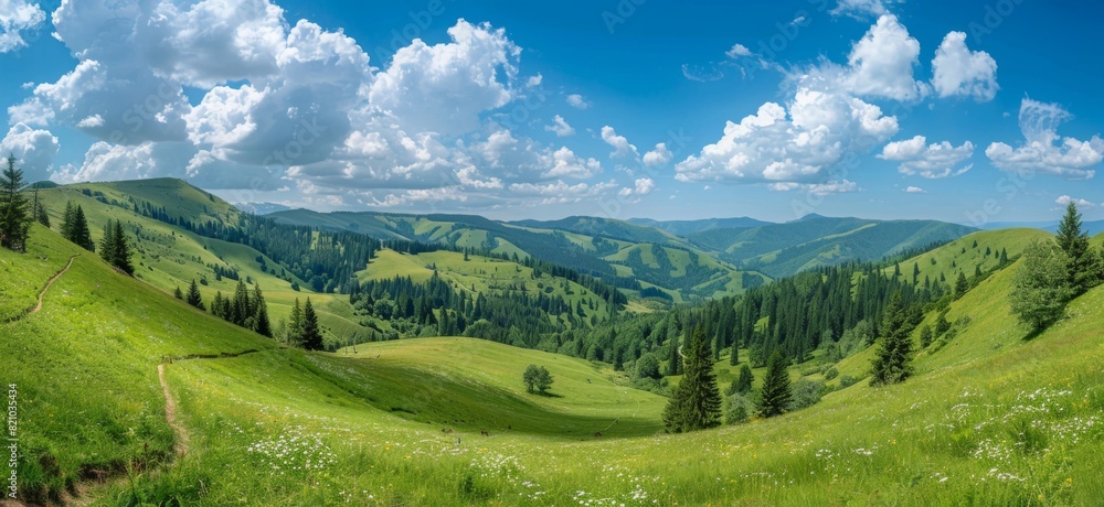 Panoramic view of green grassy hills and trees under a blue sky with white fluffy clouds in mountainous areas, featuring a serene path through a meadow leading into dense forests on rolling hills.