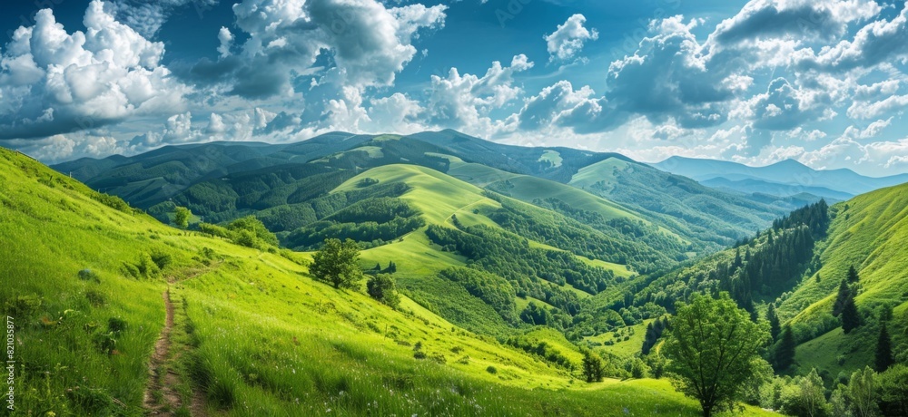 Panoramic view of green grassy hills and trees under a blue sky with white fluffy clouds in mountainous areas, featuring a serene path through a meadow leading into dense forests on rolling hills.