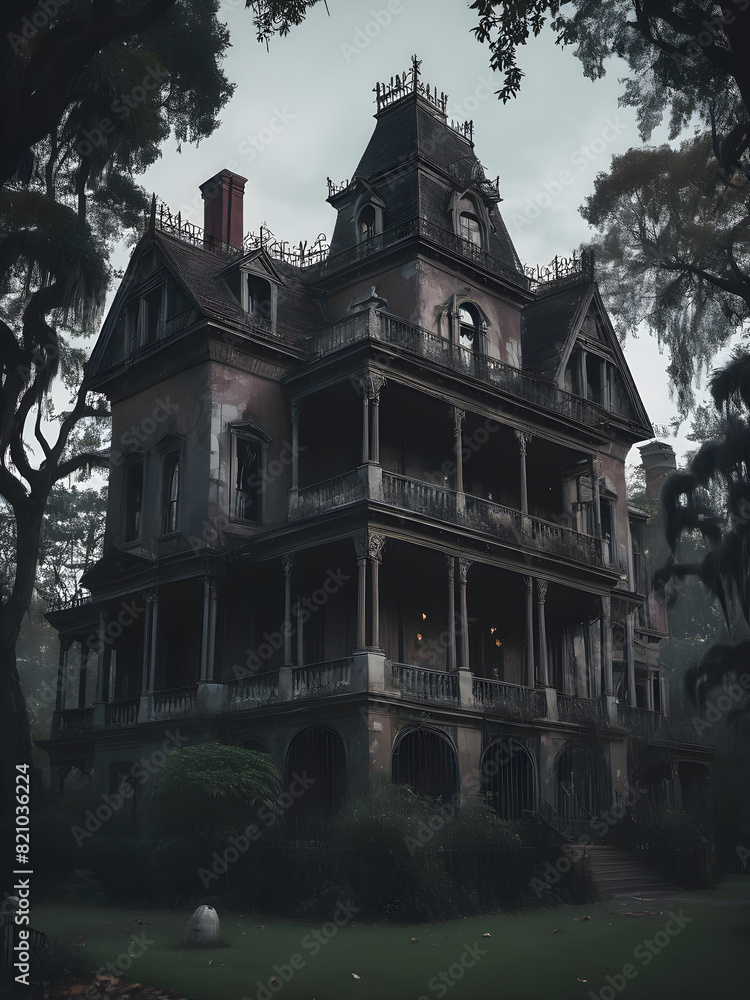 Obraz premium A haunted mansion with ghosts visible in the windows.