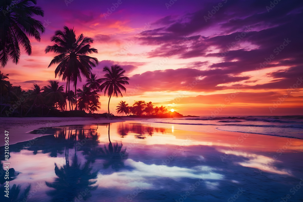 Gorgeous tropical sunset over beach with palm tree silhouettes Perfect for summer travel and vacation, romantic shoreline. Paradise on earth. Hawaii beach.