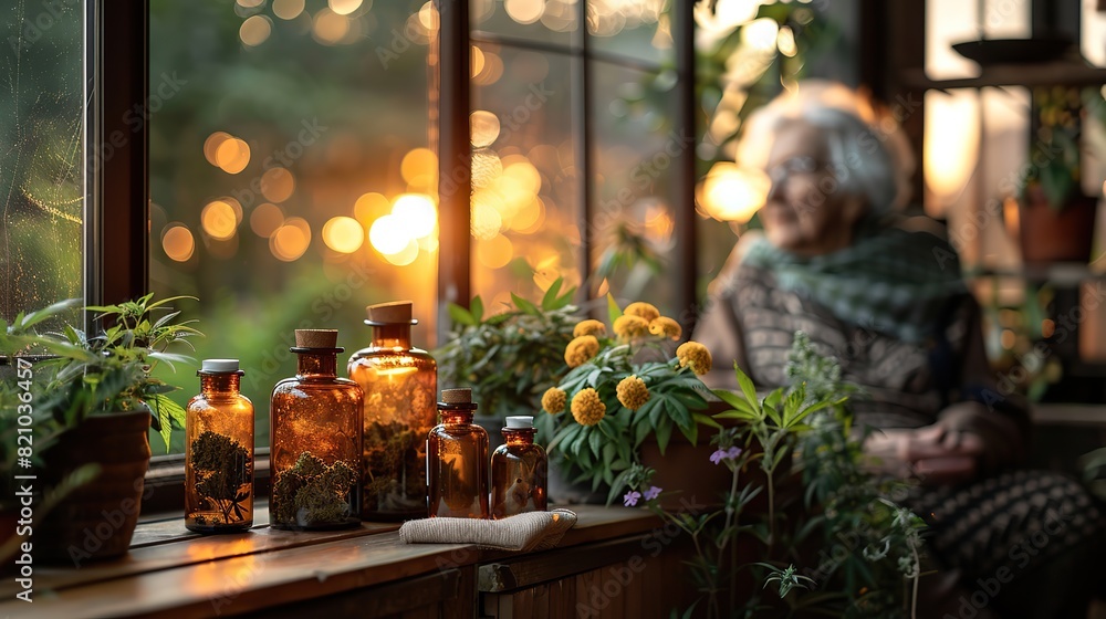 an elderly person preparing his medical prescription a dose of cannabis buds use of cbd in senior health to reduce rheumatism and pain for a happy sunset of life.illustration stock image