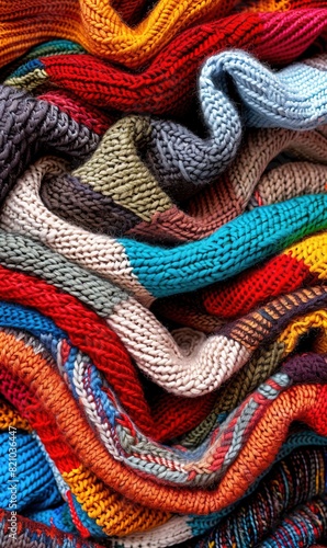 A colorful pile of knitted textiles © StasySin