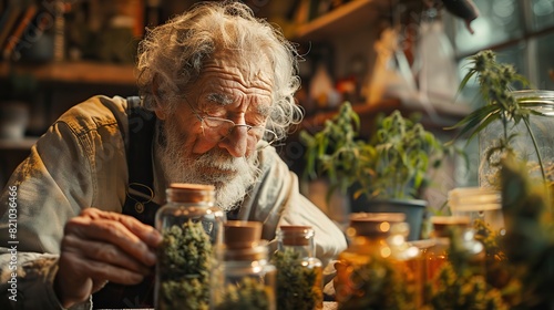 an elderly person preparing his medical prescription a dose of cannabis buds use of cbd in senior health to reduce rheumatism and pain for a happy sunset of life.stock image