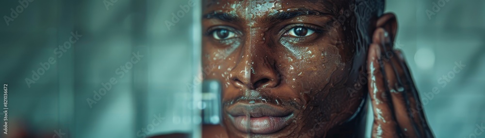 A Black man, focusing on his reflection, uses serum to care for his skin while looking in the mirror A Black man, focusing on his reflection, uses serum to care for his skin while looking in the mirror