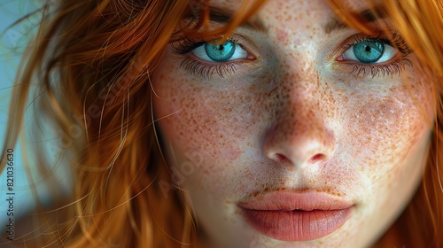 young girl with red hair frekles and intense blue eyes looking into the camera emotional and expressive realistic portrait with dramatic lighting .stock image photo