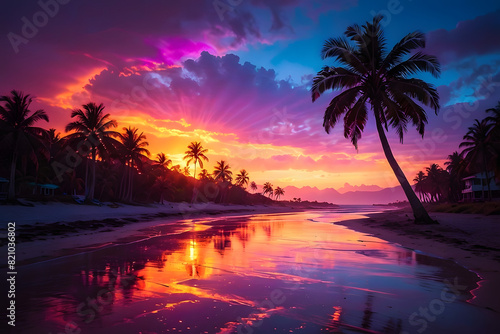 Gorgeous tropical sunset over beach with palm tree silhouettes Perfect for summer travel and vacation  romantic shoreline. Paradise on earth. Hawaii beach.