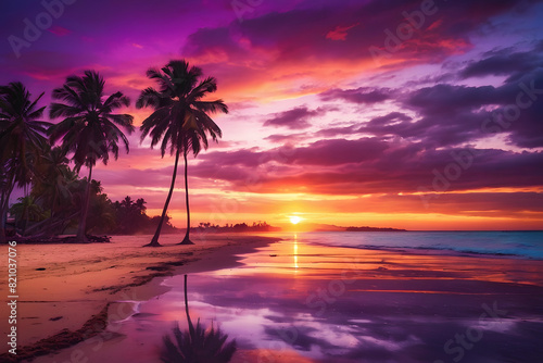 Gorgeous tropical sunset over beach with palm tree silhouettes Perfect for summer travel and vacation