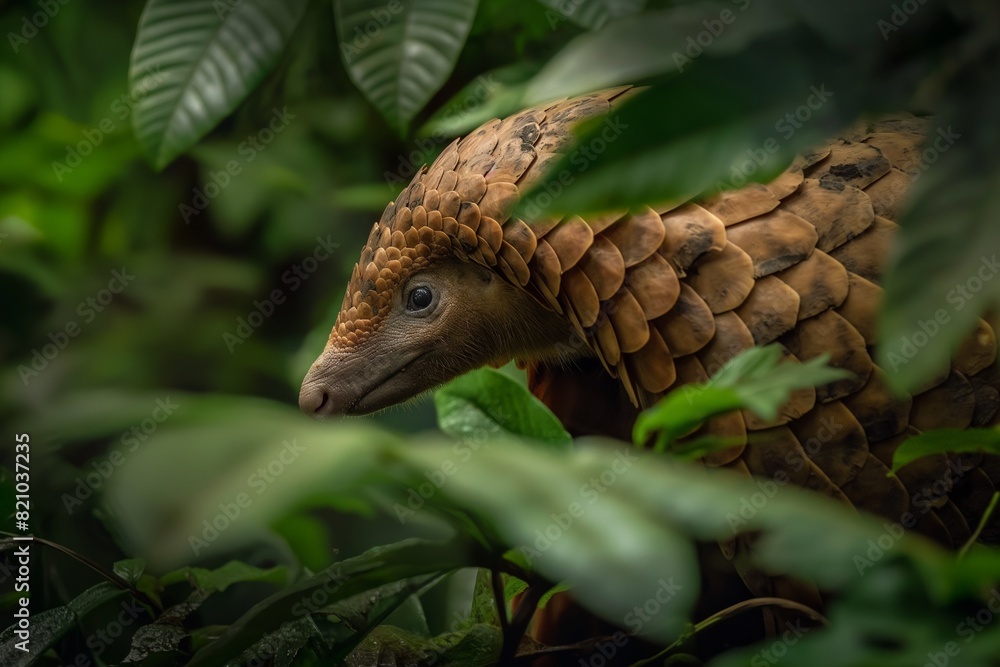 A close-up portrait of a pangolin in its jungle habitat, looking towards the camera. Horizontal. Space for copy. A close-up portrait of a pangolin in its jungle habitat, looking towards the camera. Horizontal. Space for copy.