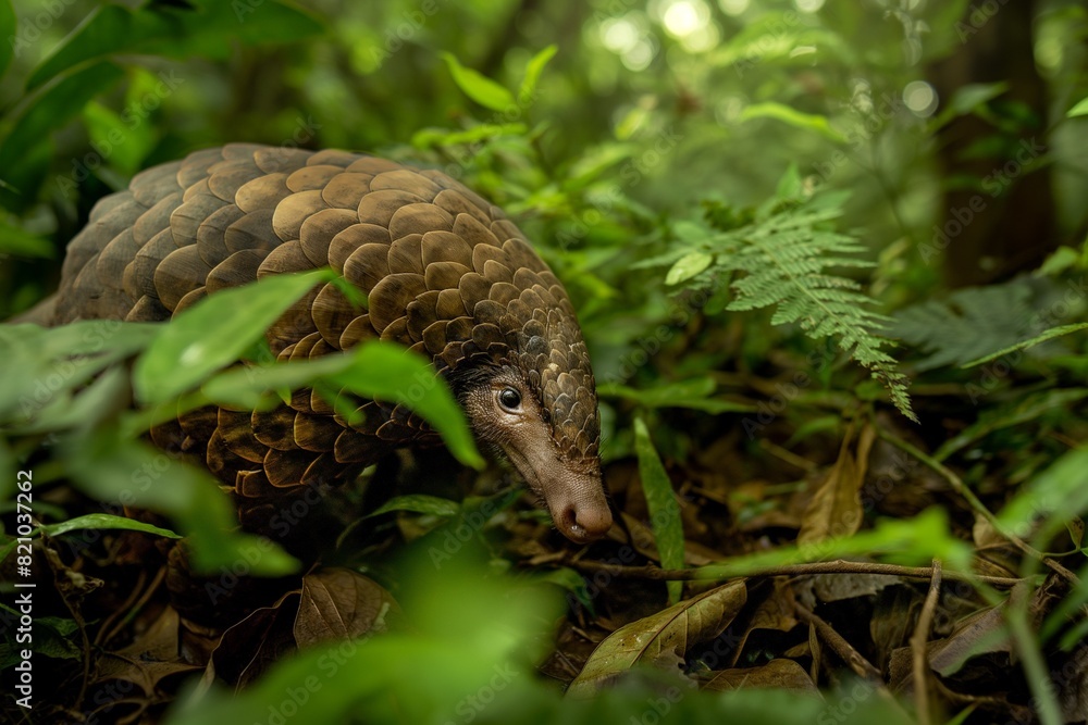 A close-up portrait of a pangolin in its jungle habitat, looking towards the camera. Horizontal. Space for copy. A close-up portrait of a pangolin in its jungle habitat, looking towards the camera. Horizontal. Space for copy.