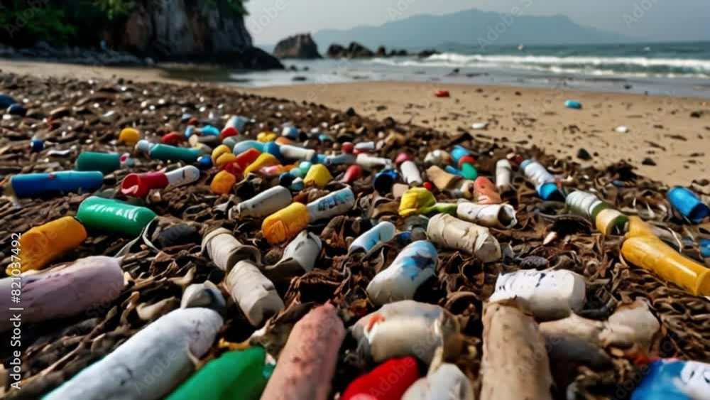 A beach covered in plastic bottles and other trash A beach covered in plastic bottles and other trash