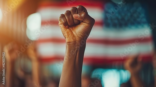 raised fist of african american people in front of usa flag symbolic fight gesture to protest against racism and racial discrimination for change justice equality democracy.stock photo photo