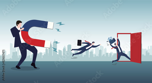 Incentive and welfare program for employee retention, building staffs loyalty reduce resignation rate for important talent, boss holding magnet to pull back resigned or leaving employee.