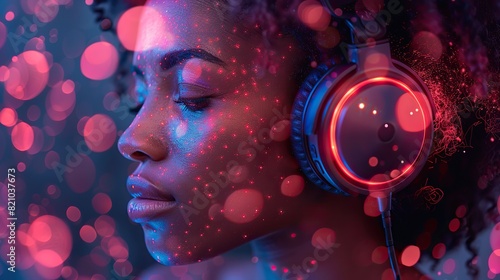 african woman wearing headphones enjoying music beats feeling emotions in vibrant color pulse colorful dynamic sound vibes and abstract digital light effects.illustration stock image