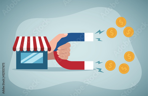 Store with magnet in hand and attracts a lot of gold coins.