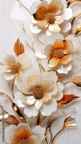 3d golden flowers on a marble background bright challenging colors wallpaper