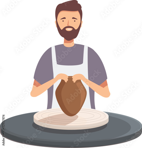 Vector illustration of a smiling male potter shaping a clay vase on a pottery wheel