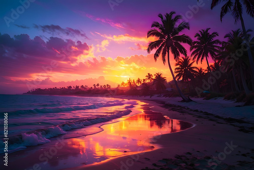 Gorgeous tropical sunset over beach with palm tree silhouettes Perfect for summer travel and vacation, romantic shoreline. Paradise on earth. Hawaii beach.