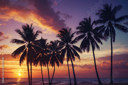 Gorgeous tropical sunset over beach with palm tree silhouettes Perfect for summer travel and vacation, romantic shoreline. Paradise on earth. Hawaii beach.