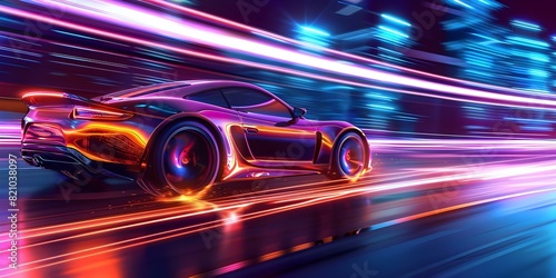 Futuristic car speeding through neon cyber city with glowing light trails at night. Concept Futuristic Technology, Cyber City, Neon Lights, Night Photography, Speed and Motion