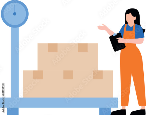 The girl is standing near the logistics weight scale.