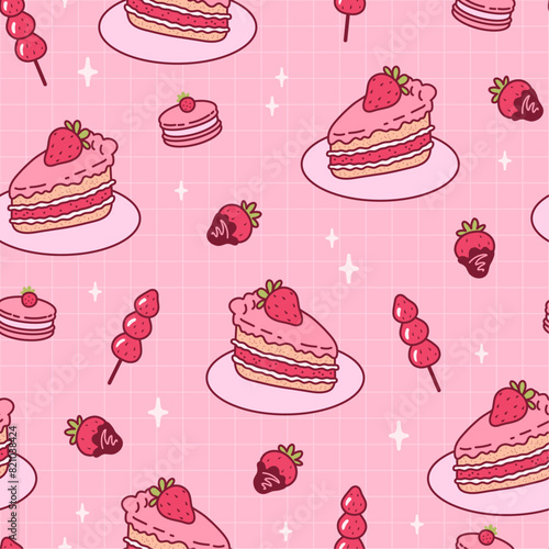 Seamless pattern with cute pink desserts. Hand drawn vector background.