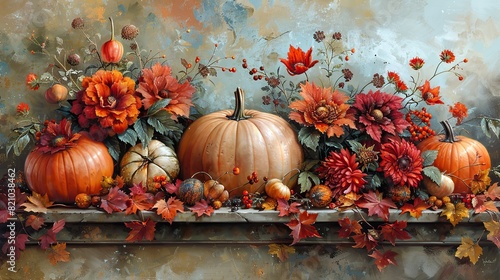 Autumn's vibrant canvas paints a tapestry of pumpkins and foliage, heralding the season of Thanksgiving with its warm and inviting hues..stock image © Emile