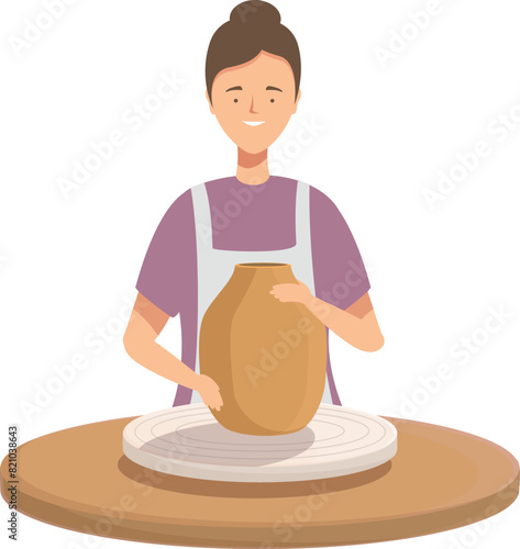 Illustration of a smiling woman crafting pottery on a spinning wheel, showcasing artistic craftsmanship