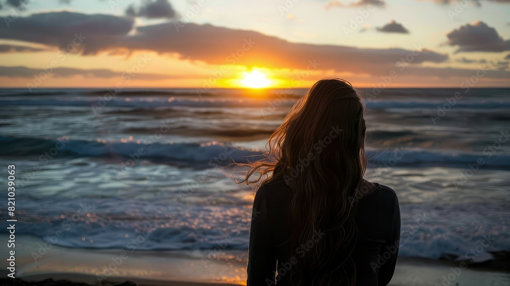 Silhouette of a woman looking at the beach and the ocean at sunset from behind. Silhouette of a woman looking at the beach and the ocean at sunset from behind.