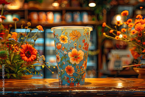 coffe paper cup with flower prints sitting on a table  photo