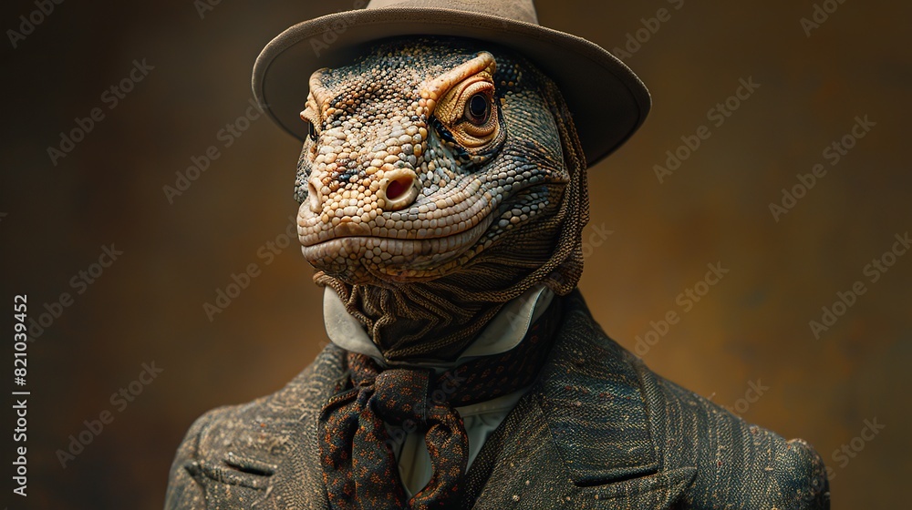 An anthropomorphized Komodo dragon adorned in a dapper suit and tie poses regally in a captivating portrait, exuding a distinctly human charisma..stock image An anthropomorphized Komodo dragon adorned in a dapper suit and tie poses regally in a captivating portrait, exuding a distinctly human charisma..stock image