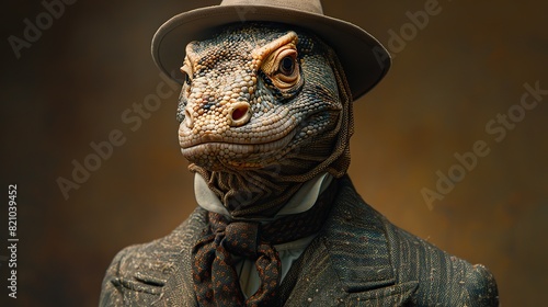 An anthropomorphized Komodo dragon adorned in a dapper suit and tie poses regally in a captivating portrait  exuding a distinctly human charisma..stock image