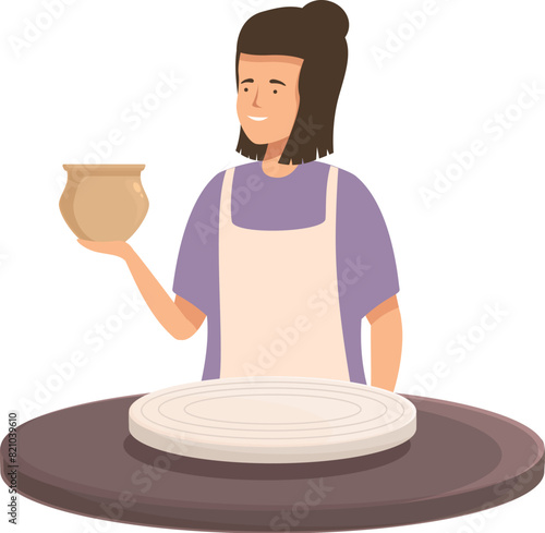 Illustration of a smiling woman potter presenting a handcrafted ceramic vase in a pottery workshop