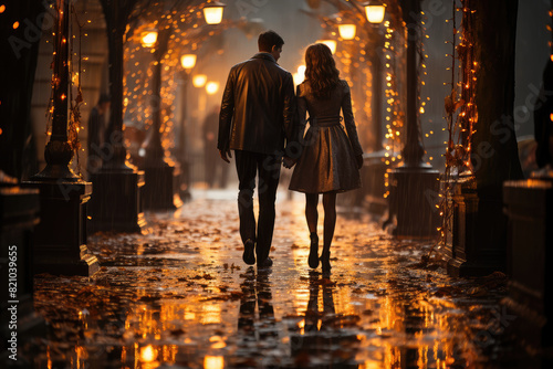 Romantic Evening Walk in Illuminated City Street photo