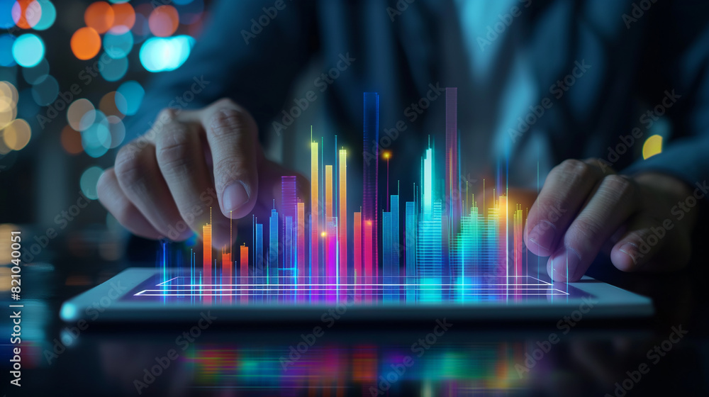 Businessman is busy with 3D holographic graphs and charts. Businessman is busy with 3D holographic graphs and charts.