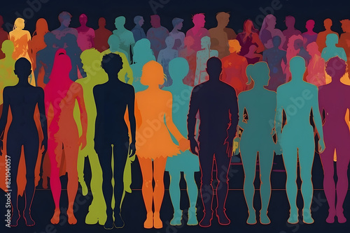 Diversity and inclusion poster. Diversity, equity and inclusion concept. Many silhouettes of different figures, diversity of people, DEIB. Diversity, equity, inclusion and belonging color illustration photo