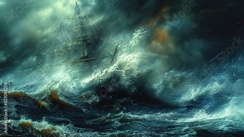 The battered vessel, engulfed by the tempest's fury, teeters on the brink of oblivion yet harbors a flicker of hope, a testament to resilience in the face of adversity..stock image photo