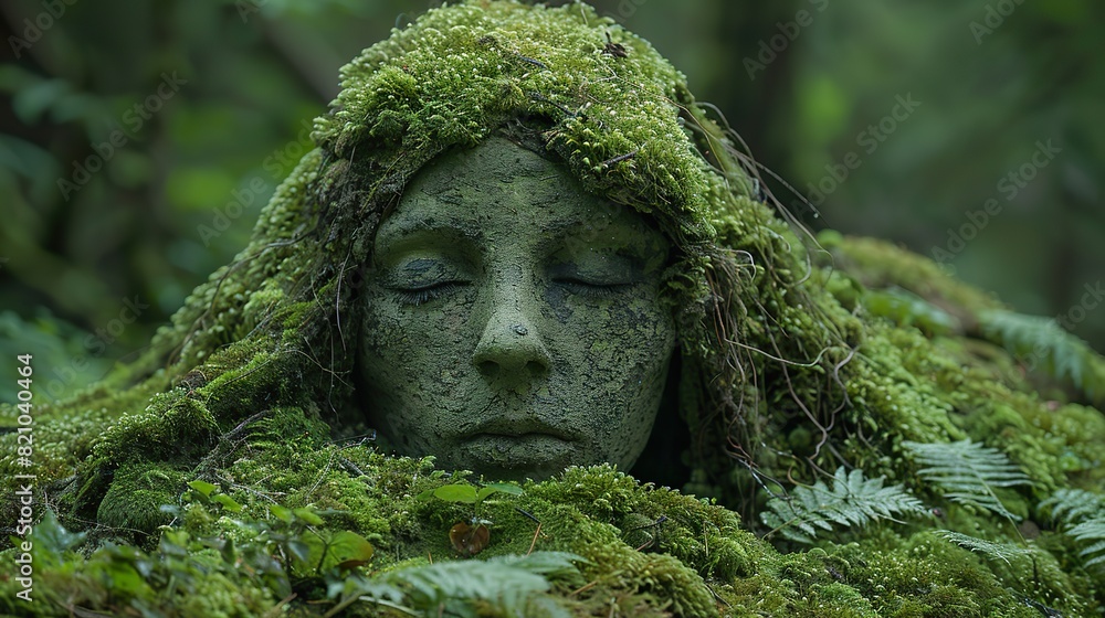Amidst the verdant embrace of the forest, a moss-draped effigy of a woman stood sentinel, embodying the ancient spirit of nature, a relic of nymph.illustration