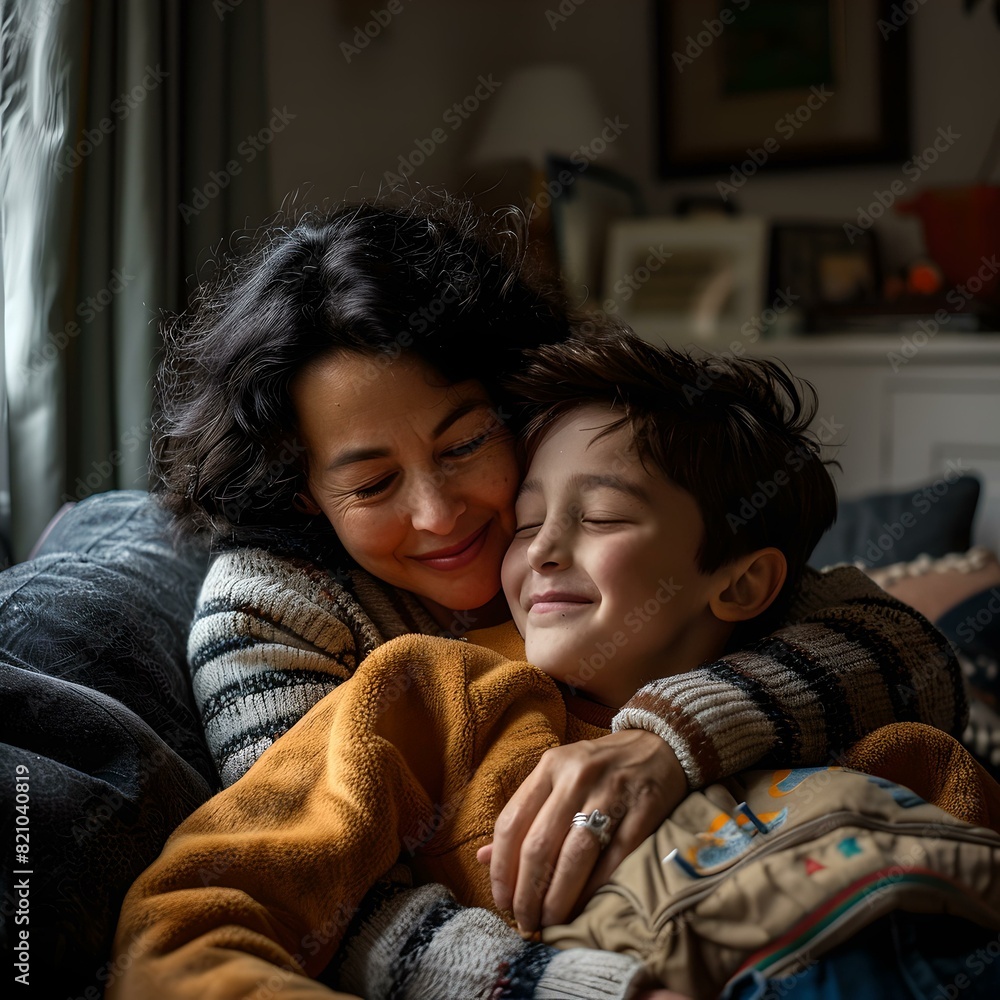 Tender embrace of mother and child in a cozy home environment Tender embrace of mother and child in a cozy home environment