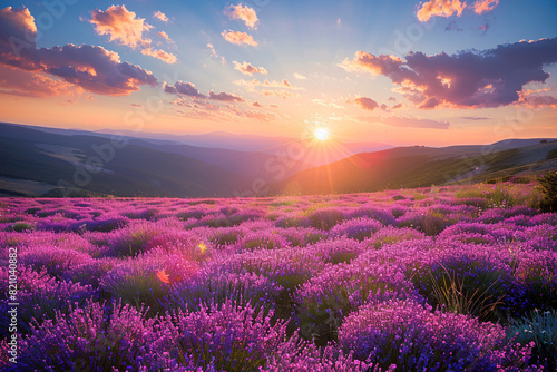Big lavender field on golden sunset in mountains