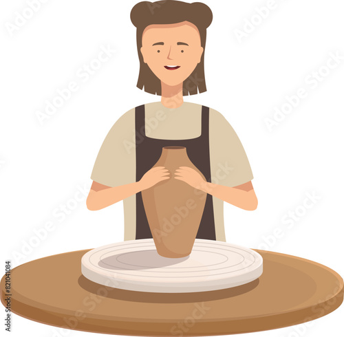 Vector illustration of a cheerful potter creating a vase on a pottery wheel