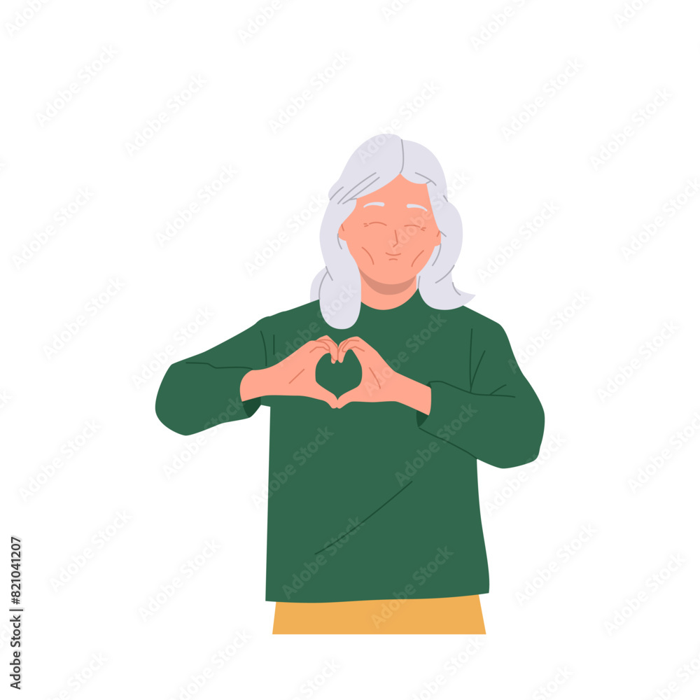 Kind smiling elderly woman isolated cartoon character gesturing love sign with heart folded hands Kind smiling elderly woman isolated cartoon character gesturing love sign with heart folded hands