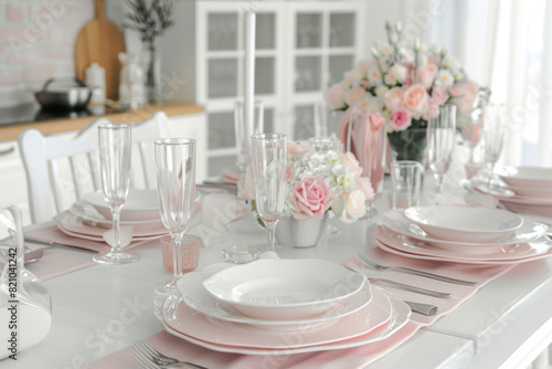 Beautiful wedding table setting with flowers