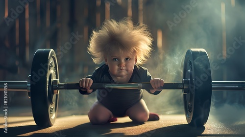 Tiny Toddler Showing Mighty Strength While Lifting Barbell in a Gym Setting photo