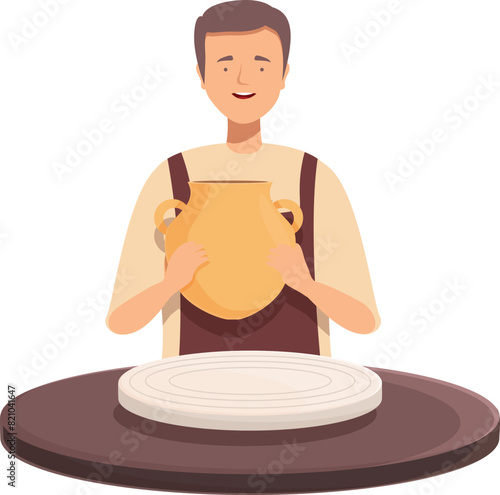 Smiling craftsman in an apron molding a clay pot on a pottery wheel
