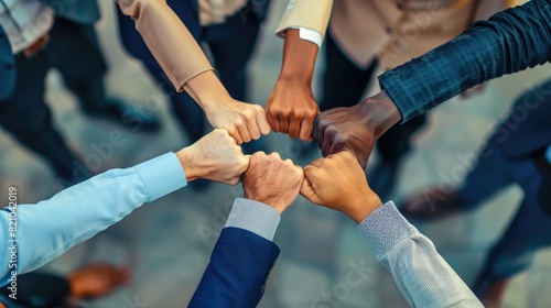 Close-up top view of young business people putting their fists together as symbol of unity. Teamwork join hands support together. Unity and Teamwork Concept, generative ai