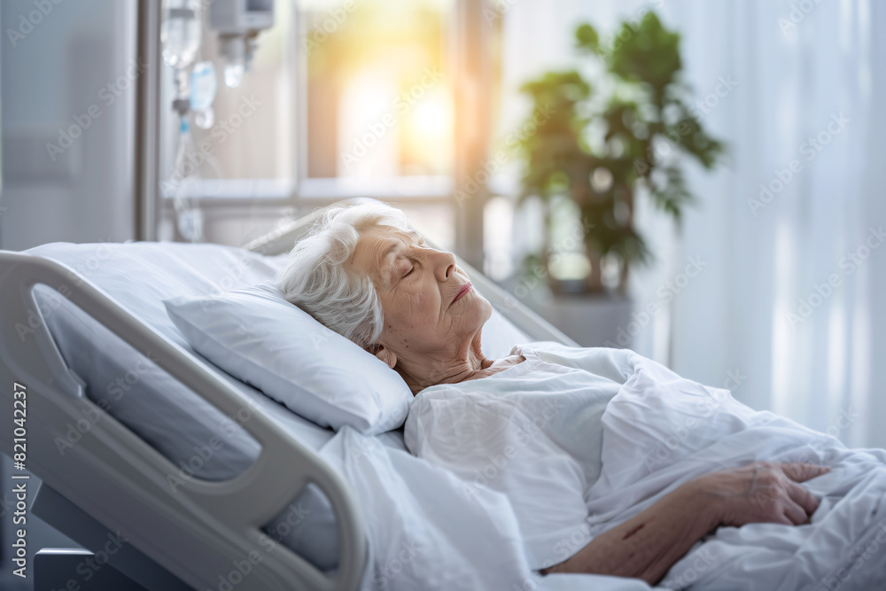 Senior woman sleeping in white bed in modern hospital Senior woman sleeping in white bed in modern hospital